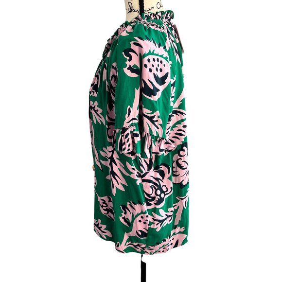 Philosophy Tie Neck Floral Blouse Top Short Ruffle Sleeves Sz Large Green Pink - Picture 3 of 9